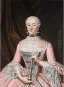 A Portrait Of A Lady, Standing Half Length By A Curtain, Wearing An Embroidered Pink Satin Dress With Grey Bodice, Lace Cuffs And Collar With Pearl Necklace And Earrings, Holding A Fan by Tibout Regters