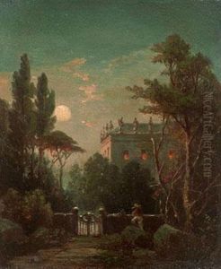 Italienische Landschaft Mit Palazzo Im Mondschein by Theodor Markus Rehbenitz