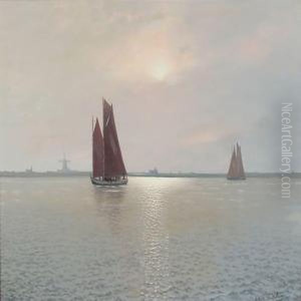 Evening Atmosphere With Fishing Boats At Sea Off A Coast - view 1