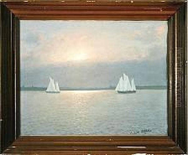 A Marine With Two Schooners Sailing Along The Coast By Sunset - view 1