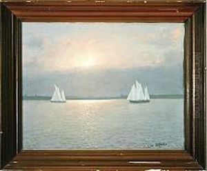 A Marine With Two Schooners Sailing Along The Coast By Sunset by Alexander, Prof. Reich-Staffelstein