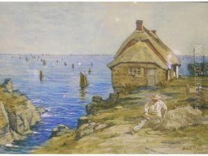 Fisherman Mending Nets Before Athatched Cottage Perched On Cliff Edge With Sea And Distant Boats