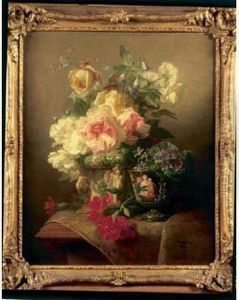 Nature Morte Aux Fleurs, Vase En Ceramique Et Coupe En Email De Limoges Sur Un Entablement