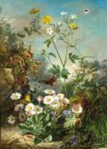 Daisies, Buttercups And Forget-me-nots On A Forest Floor, With Butterflies