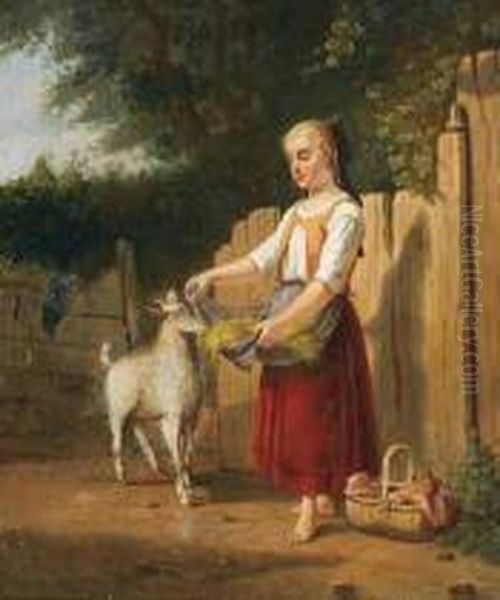 Country Girl Feeding A Goat - view 1
