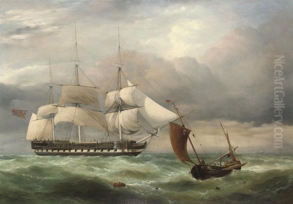A Merchantman, Probably An East Indiaman, Hove-to In The Channel,with A Boulogne Lugger Passing By - view 1