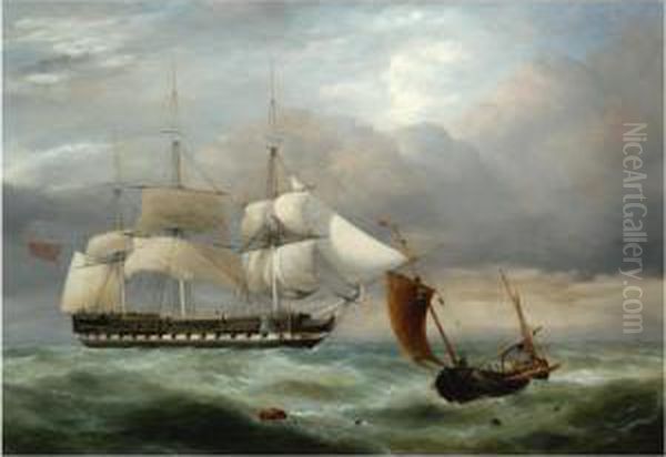 An East Indiaman Hove-to, Homeward Bound, And A Brighton Fishing Boat In Choppy Water - view 1