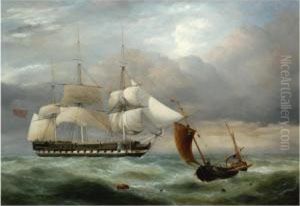 An East Indiaman Hove-to, Homeward Bound, And A Brighton Fishing Boat In Choppy Water