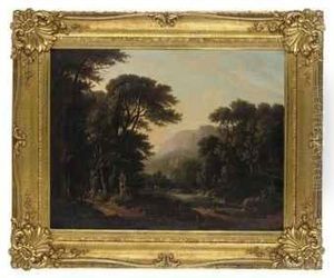 A Mountainous Wooded River Landscape, With Figures Resting On Apath by Philip Reinagle