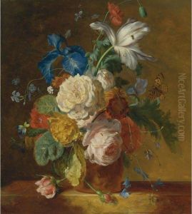 Still Life Of Roses, An Iris, A Tulip And Other Flowers In Aterracotta Vase, Resting On Ledge