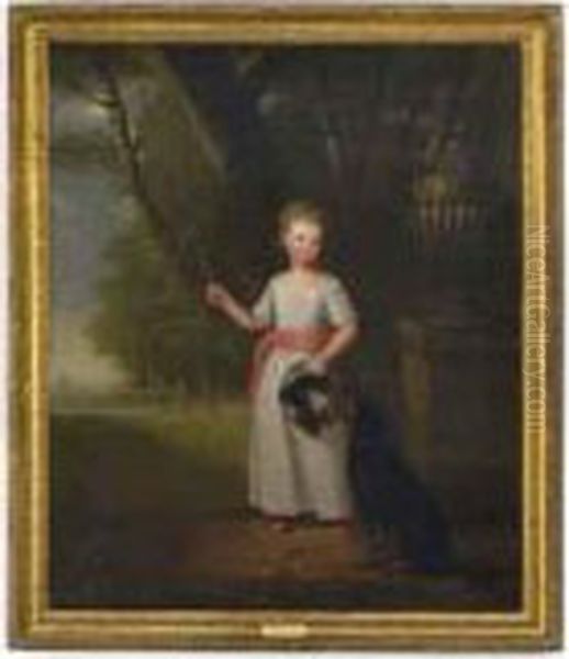 Portrait Of A Young Girl, Standing Full-length, In A White Dresswith A Pink Sash And Shoes, A Dog By Her Side In A Landscape - view 1