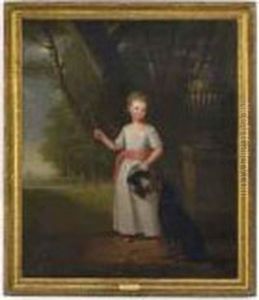 Portrait Of A Young Girl, Standing Full-length, In A White Dresswith A Pink Sash And Shoes, A Dog By Her Side In A Landscape by Ramsay Richard Reinagle