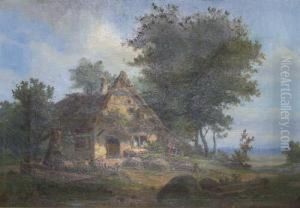 German Figures Beside A Cottage With Hens By A Well In The Foreground Signed And Dated "wein 1851", Also Indistinctly Inscribed On The Fragment Of An Old Label Verso And Inscribed On The Stretcher
