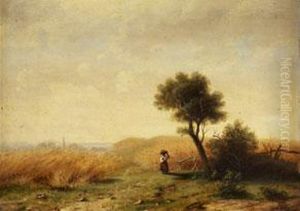 Sommerlandschaft Mit Bauerin Unter Einem Baum Vor Weizenkornfeld