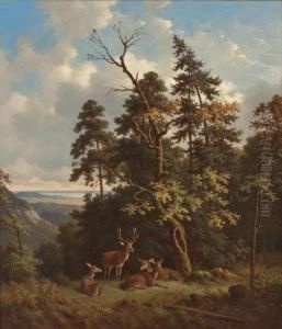 Rotwild An Waldrand Mit Blick Auf Einen See by Wilhelm Reinhardt