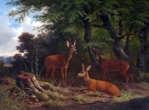Deer In A Forest Clearing by Wilhelm Reinhardt