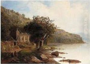 Monks Conversing On Before An Abbey On The Edge Of A Lake by Friedrich Philipp Reinhold