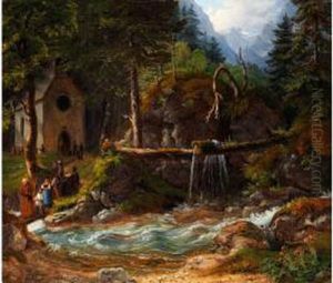 In Der Ramsau - Kirchganger An Einem Wilden Gebirgsbach