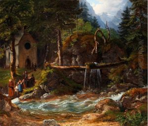 In Der Ramsau - Kirchganger An Einemwilden Gebirgsbach by Gustav Reinhold