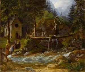 In Der Ramsau. Kirchganger An Einem Wilden Gebirgsbach