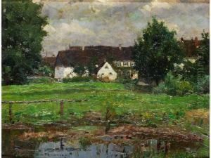 Gehoft Unter Baumen Mit Davor Liegenderwiese Und Tumpel In Abendstimmung by Rene Reinicke