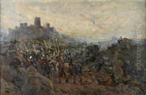 Paisagem Com Figuras Medievais E Castelo by Carlos Reis