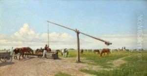 Watering Horses In The Puszta by Hermann Reisz