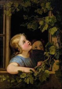 Zwei Kinder Am Fenster by Johann Baptist Reiter