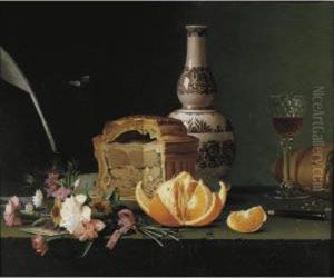Still Life With A Pie, Orange And Flowers On A Ledge
