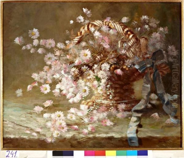 Bloemen In Rieten Mand Met Blauw Lint - view 1