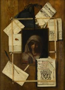 A Trompe L'oeil With Documents, Letter, Book And Painting Of Themadonna After Giovanni Battista Salvi by Andrea Domenico Remps
