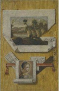 A Trompe L'oeil Still Life With A Sketch Of A Landscape And Saint Apollonia