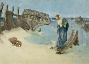 Jeune Fille Contemplant Un Crane Pres D'un Bateau Naufrage Au Bord De La Mer - Ile De Brehat by Cornelis Ary Renan