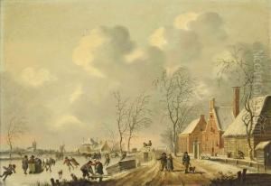 A Frozen Winter Landscape With Skaters