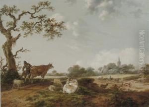 A Dune Landscape With A Peasant Guarding His Cattle And Sheep by Fredericus Theodorus Renard