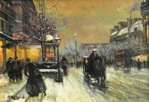 A Parisian Street Scene In Winter by Paul Renard