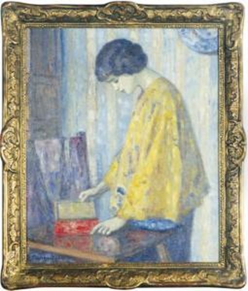 Woman In A Yellow Shawl Opening A Box - view 1