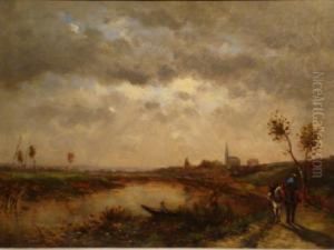 A River Landscape With A Couple In A Punt And Two Horses On A Tow Path
