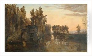 Cabane Sur L'etang Au Crepuscule by Edmond Renault