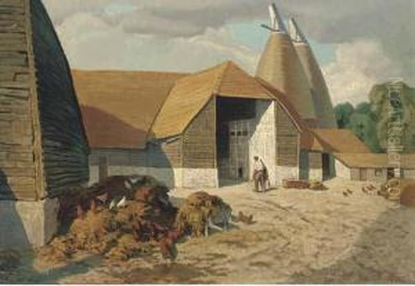 Chickens And A Farmer In A Yard - view 1