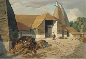 Chickens And A Farmer In A Yard