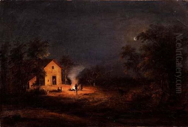 Paesaggio Notturno Con Un Gruppo Difigurine Attorno Ad Un Falo - view 1