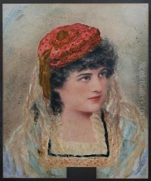A Young Lady Wearing Red Bonnet And Lace Veil, Head And Shoulders - view 1