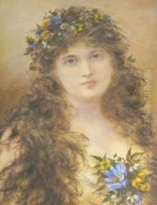 Portrait Of A Young Lady With Flower Garlands In Herhair by Alice Renshaw