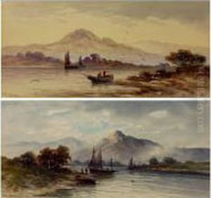 Fishing Boats On The River With A Mountain Backdrop. by Joshua Renshaw