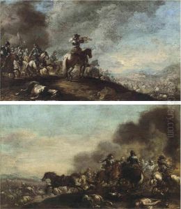A Cavalry Troop On A Hilltop, A Fortified City Beyond; And Acavalry Skirmish by Pandolfo Reschi