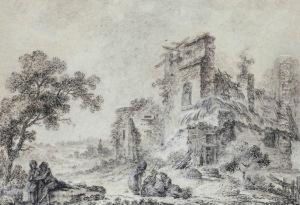 Couple Dans Un Paysage Arbore Pres D'un Moulin A Eau by Jean II Restout
