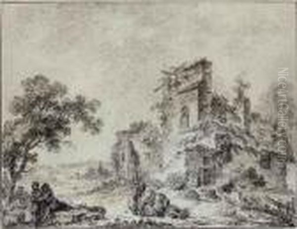 Courting Couples In A Wooded Landscape Beside A Watermill - view 1
