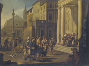 A Townscape With A Bishop Healing The Sick And Injured In Front Of A Church