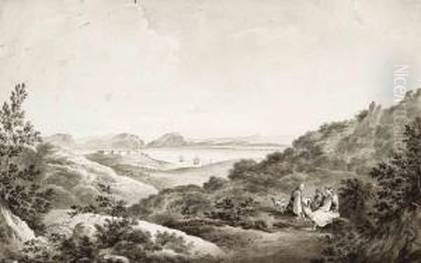Travellers Resting In The Hills, The Coast Of Navarino Beyond - view 1
